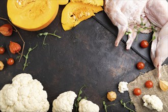 Whole raw rabbit with pumpkin, tomatoes, cauliflower pea sprouts on a black concrete background and