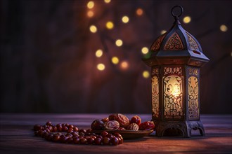 Ramadan lantern with a plate of succulent figs, set on an ornate table with intricate designs,