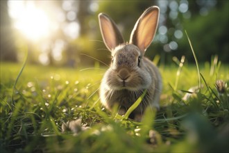 Bunny with large, attentive ears, basking in the golden hour sunlight amidst a lush green field, AI