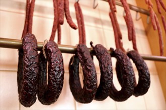 Air-dried sausage in a butcher's shop