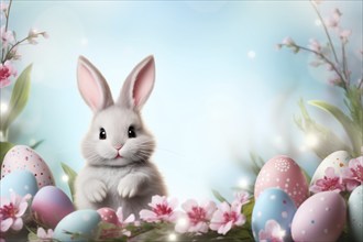 Cute Easter bunny sits beside colorful, decorated eggs amidst a vibrant green field under the