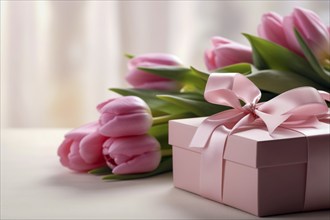 Gift Box with Pink Ribbon Beside bouquet of Fresh Tulips on Bokeh Background. Good for Valentine