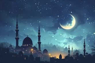 Ramadan with a mosque silhouetted against a starry night sky, illuminated by the crescent moon, AI