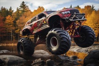 Monster truck driving and jumping outdoors amidst a cloud of dust. Thrill and adrenaline of an