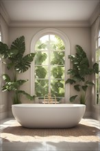 Modern bathroom with bath tube and tropical plants, AI generated