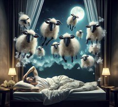 Counting sheep, a man in bed counts sheep in his head to fall asleep better, AI generated, AI