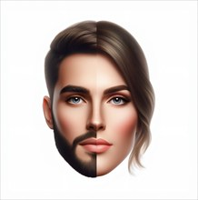 A face with masculine and feminine features, symbol image man, woman, diverse, gender, male,