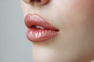 Close up of woman's large lips with pink lipstick. KI generiert, generiert, AI generated