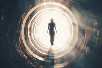 A woman walks through a tunnel into the light, symbolic image for near-death experience, death,