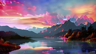 AI generated painting of a surreal landscape with mountains and a lake with digital brush strokes