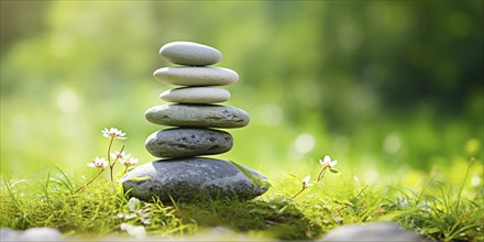 Stack of calming zen stones in grass. KI generiert, generiert, AI generated