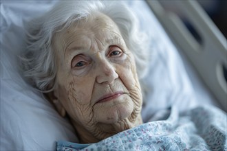 Very old woman lying in bed in hospital or retirement home. KI generiert, generiert, AI generated