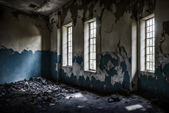 Abandoned asylum walls peeling paint cracked plaster whispering silent histories, AI generated