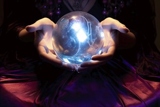 Fortune teller's hands holding blue crystal ball. KI generiert, generiert AI generated