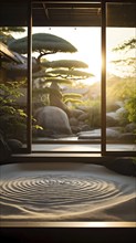 Zen garden bathed in the soft glow of dawn as a serene symbol for relaxation, AI generated