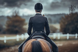 Man riding horse in dressage sports competition. Generative AI, AI generated