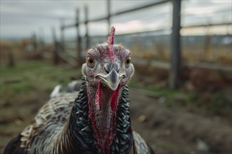 Close up of turkey bird at farm. Generative AI, AI generated