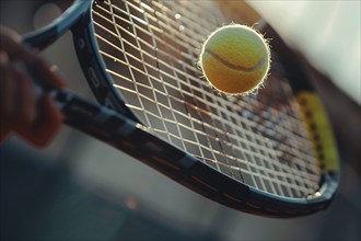 Close up of tennis racket hittng ball. Generative AI, AI generated