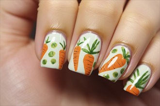 Close up of woman's fingernails with Easter carrot nail art design. KI generiert, generiert AI