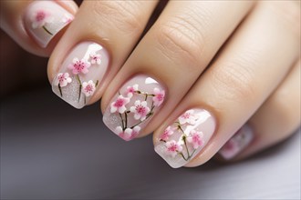 Woman's fingernails with spring cherry blossom nail art design. KI generiert, generiert AI