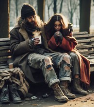 A homeless man and a homeless woman in ratty torn clothes on a park bench, generated with AI, AI