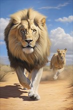 Male Lion running in the desert, Africa, AI generated