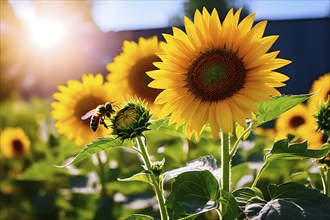 Bee hovering on sunflower, ai generated, AI generated