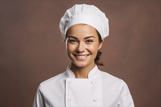 Young smiling woman in white kitchen chef uniform on brown background. KI generiert, generiert AI