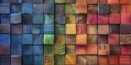 Background with square shaped colorful wooden cubes. Generative AI, AI generated