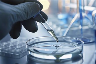 Liquid being poured into petri dish with pipette in science research lab. KI generiert, generiert,