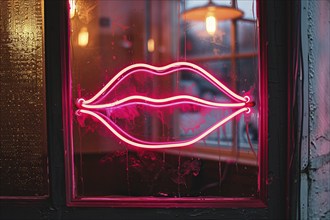 Pink neon light in shape of kiss lips hanging in window of bar at night. KI generiert, generiert,