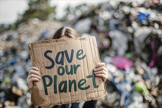 Activist with cardboard sign with text 'Save our planet' in front of blurry mountain of garbage. KI