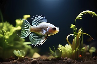 Single betta fish swimming gracefully in a minimalist nano tank encircled by delicate aquatic