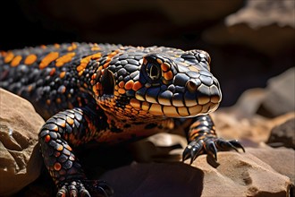 Gila monster with characteristic black and orange patterns camouflaged amongst sonoran desert