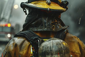 Back view of firefighter with helmet and oxygen flask. KI generiert, generiert, AI generated