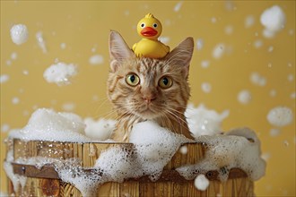 Funny cat with rubber duck on head in washtub with foam in front of pink studio background. KI