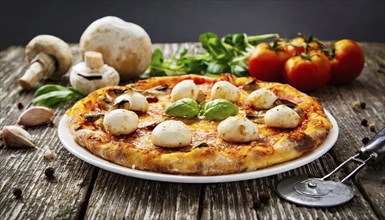 Food, a ready-made pizza with mushroom and mozzarella cheese, AI generated, AI generated