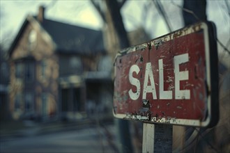 Old run down for sale sign in front of blurry residential home building. KI generiert, generiert,