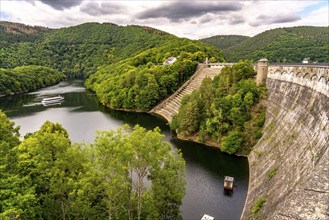 Dam wall of the Urft dam, merges into the Rursee, Eifel National Park, North Rhine-Westphalia,