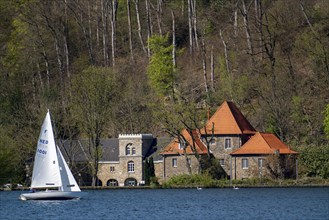 Lake Baldeney, reservoir of the Ruhr, Baldeney Castle, on the right the main building, next to it