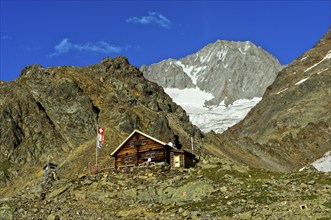 Bietschhorn hut of the Academic Alpine Club of Bern AACB, Bietschhorn summit at the rear,