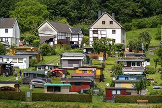 Rursee, the village of Woffelsbach, campsite, permanent campers, Eifel National Park, North