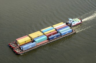 Aerial view, pushed convoy, pushed barge. barge, container, container taxi, lighter, Elbe,