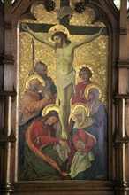 Church of Saint Mary, Gosbeck, Suffolk, England, UK, Reredos picture of crucifixion of Jesus Christ