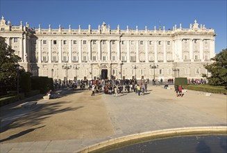 Crowds of tourists in front of Palacio Real royal palace, Madrid, Spain, Europe