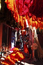 In the dyers' souk in Marrakech, Morocco, Africa