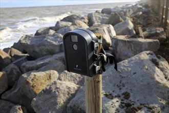 Wingscapes time lapse digital camera mounted on a post at Bawdsey, Suffolk, England, UK