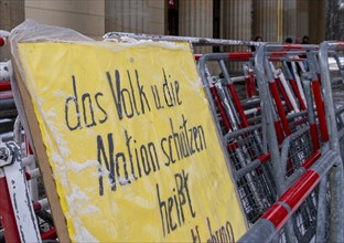 Demonstration, posters and barriers at the Brandenburg Gate, Berlin, Germany, Europe