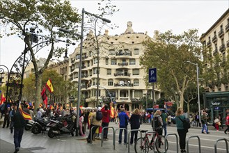 Crowd at demonstration, Spanish National Day, 12 October 2016, Casa Mila, Passeig de Gracia,