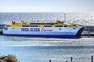 Fast ferry from Fuerteventura to Gran Canaria docked in the harbour of Morro Jable, in the